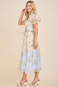 Cassy Floral print colorblock midi dress with puff short sleeves
