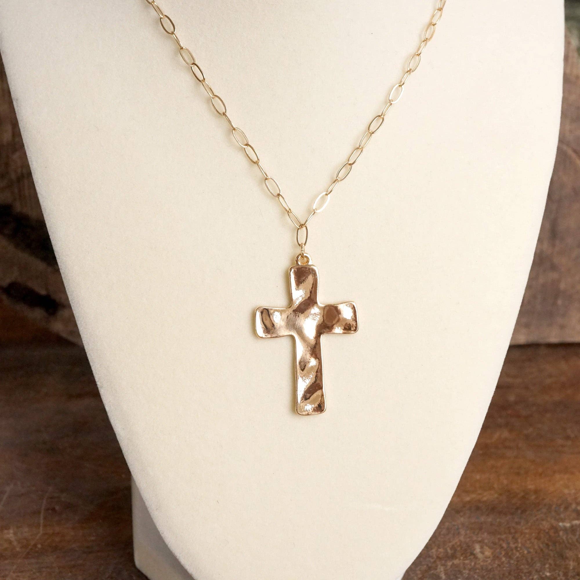 Boho Hammered Cross Necklace in Silver or Gold