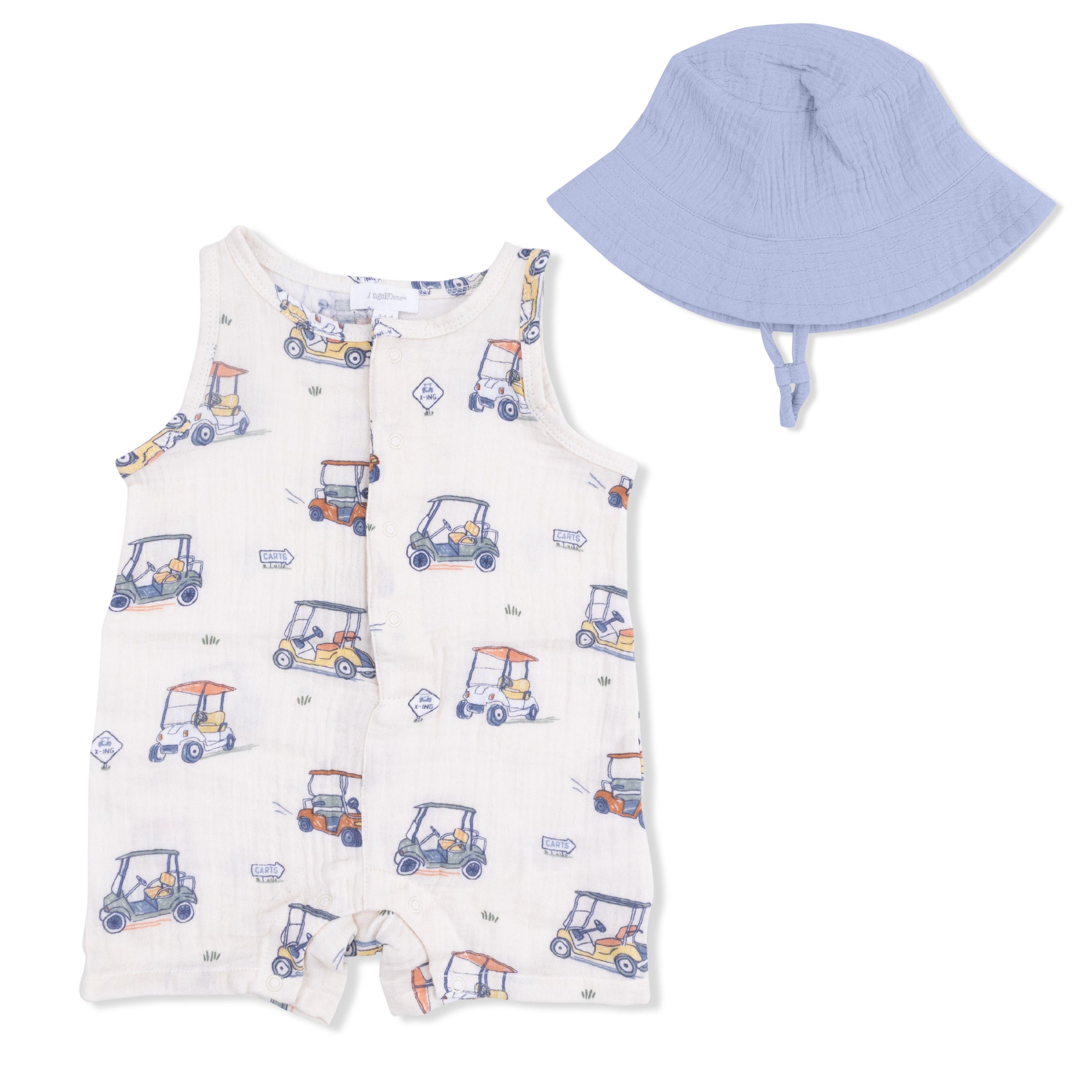 Zooming Golf Carts - Sleeveless Shortie Romper with Bucket Hat