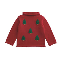 Mud Pie Christmas Tree Rollneck Sweater in deep red with crocheted green trees