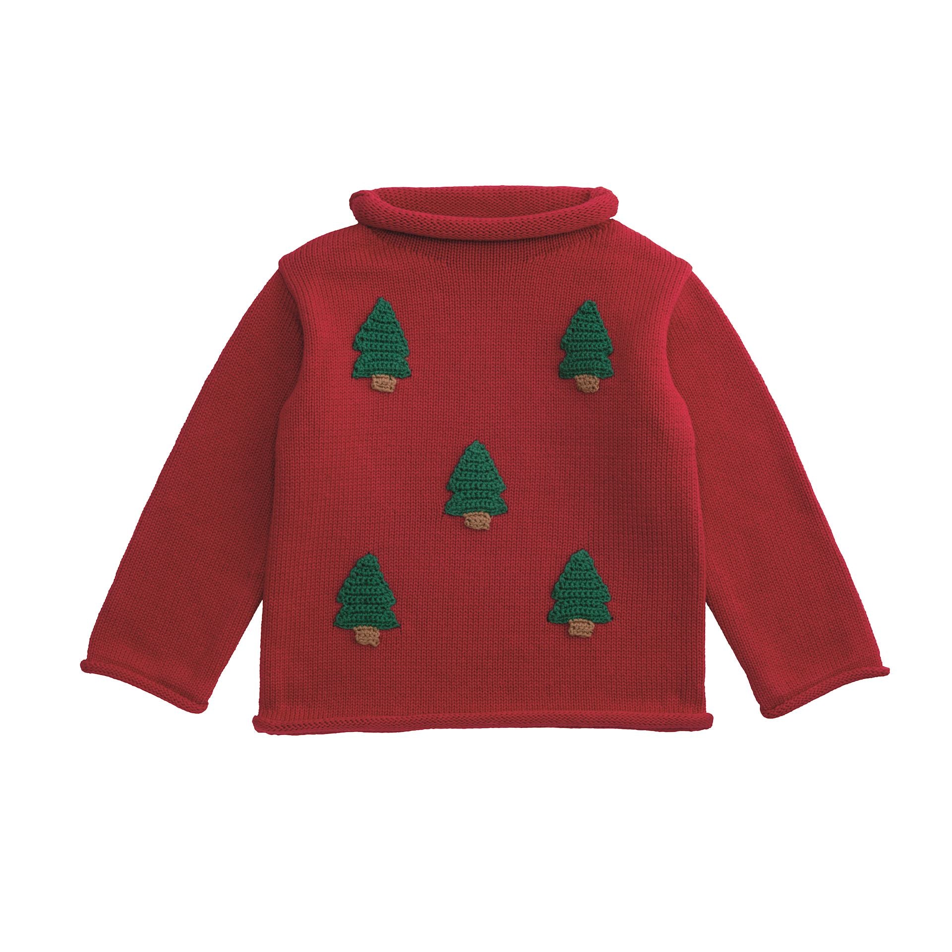 Mud Pie Christmas Tree Rollneck Sweater in deep red with crocheted green trees