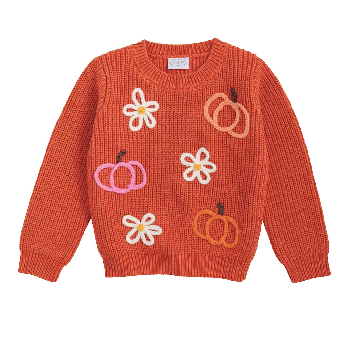 Pumpkin Flower Sweater – Cotton Yarn Crewneck with Chainstitch Embroidery