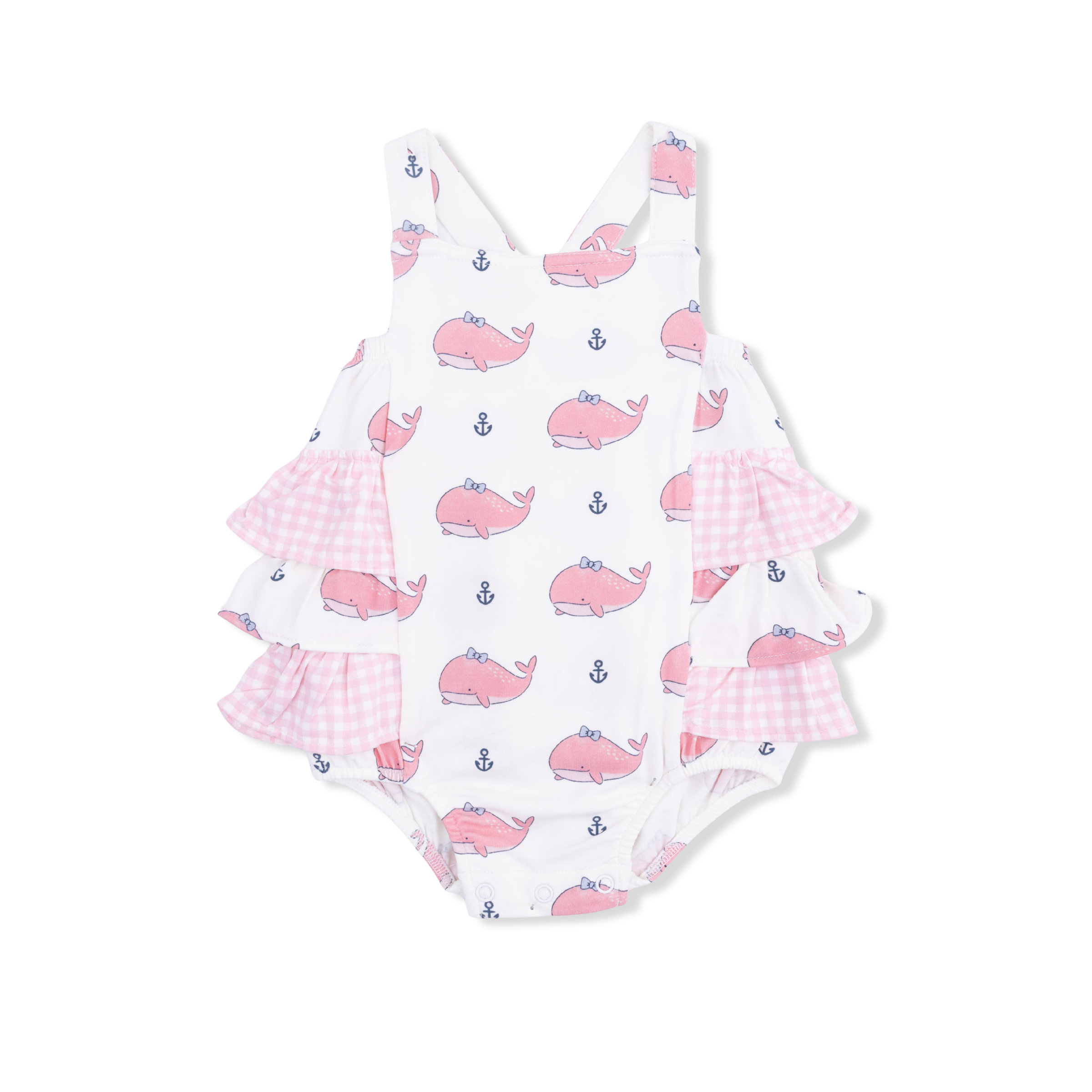 Bubbly Whale with Bow  Pink - Ruffle Sunsuit