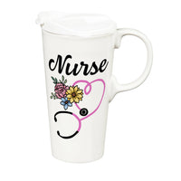 17 oz ceramic nurse coffee mug with handle and white spill-resistant silicone lid