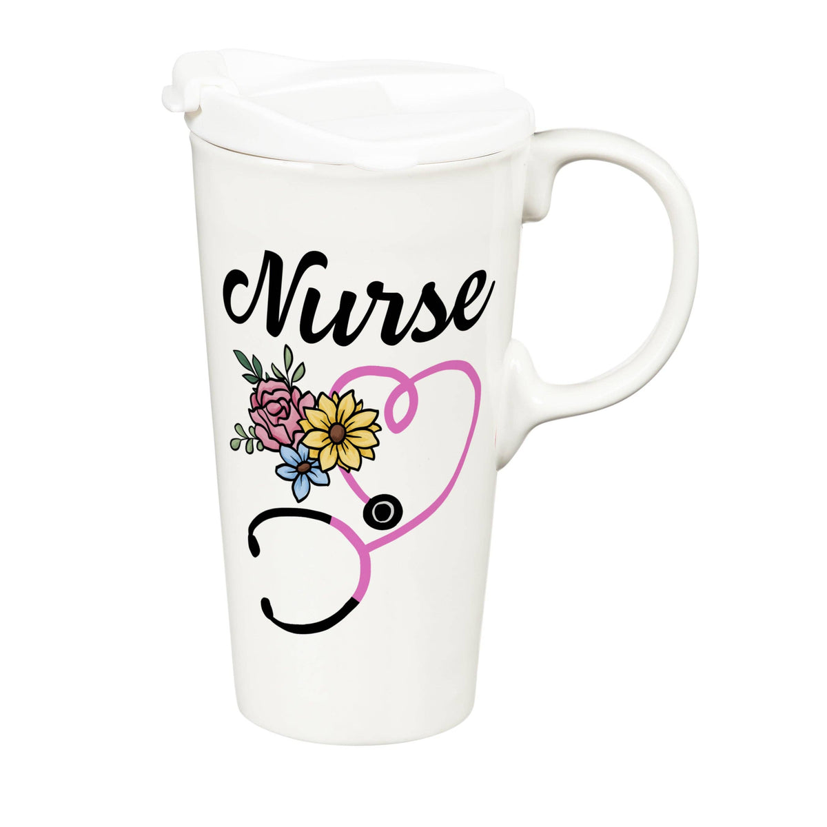 17 oz ceramic nurse coffee mug with handle and white spill-resistant silicone lid