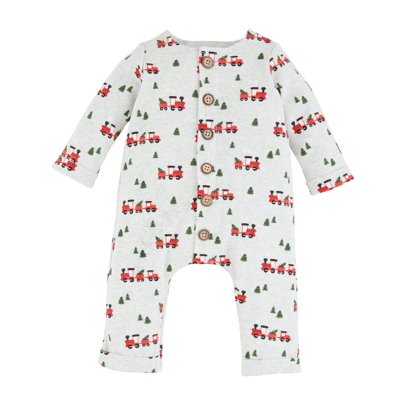 Mud Pie Train One-Piece cream cotton knit baby one-piece with red trains and green Christmas trees