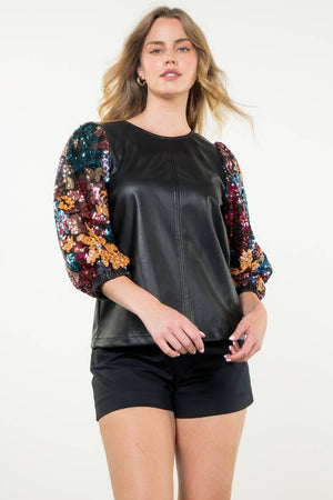 Sequin Sleeve Leather Top