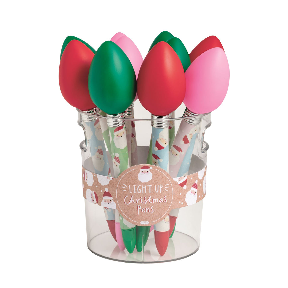 Mud Pie Christmas bulb light-up pens in a clear counter bucket