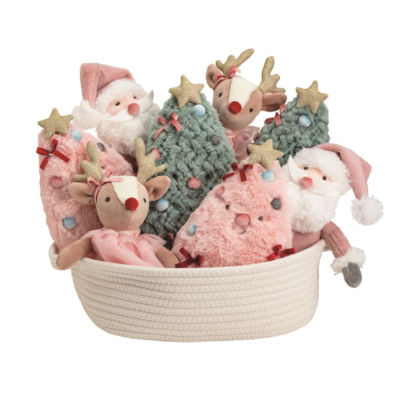 Mud Pie Holiday Plush Pals assortment in cotton rope basket with pink Santa, sage tree and reindeer
