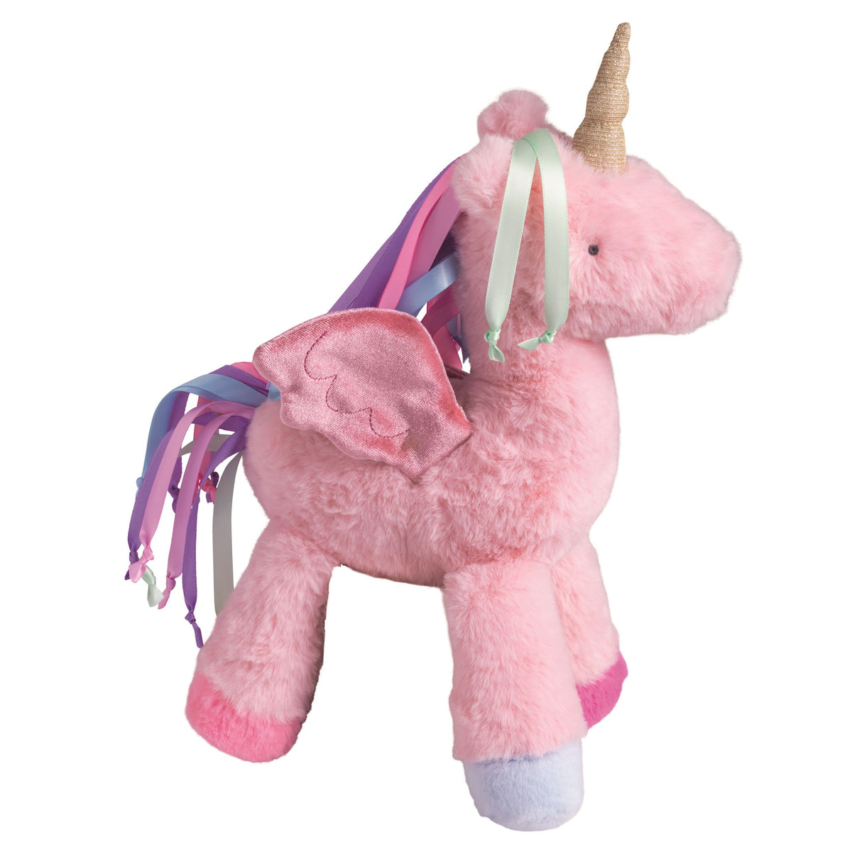 Mud Pie Lyra the Pegasus standing plush in pink with shimmer wings, horn and rainbow ribbon mane