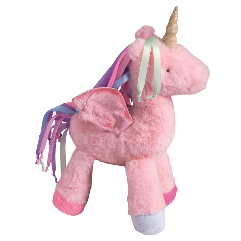 Mud Pie Lyra the Pegasus standing plush in pink with shimmer wings, horn and rainbow ribbon mane