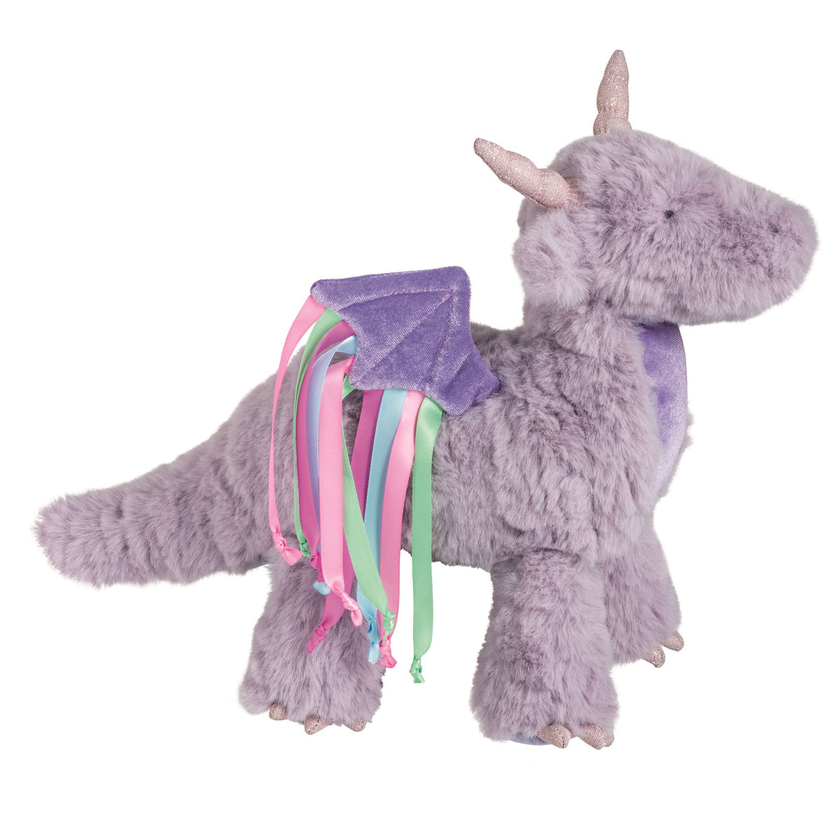 Mud Pie Iris the Dragon standing plush in lavender with velvet wings and ribbon streamer mane
