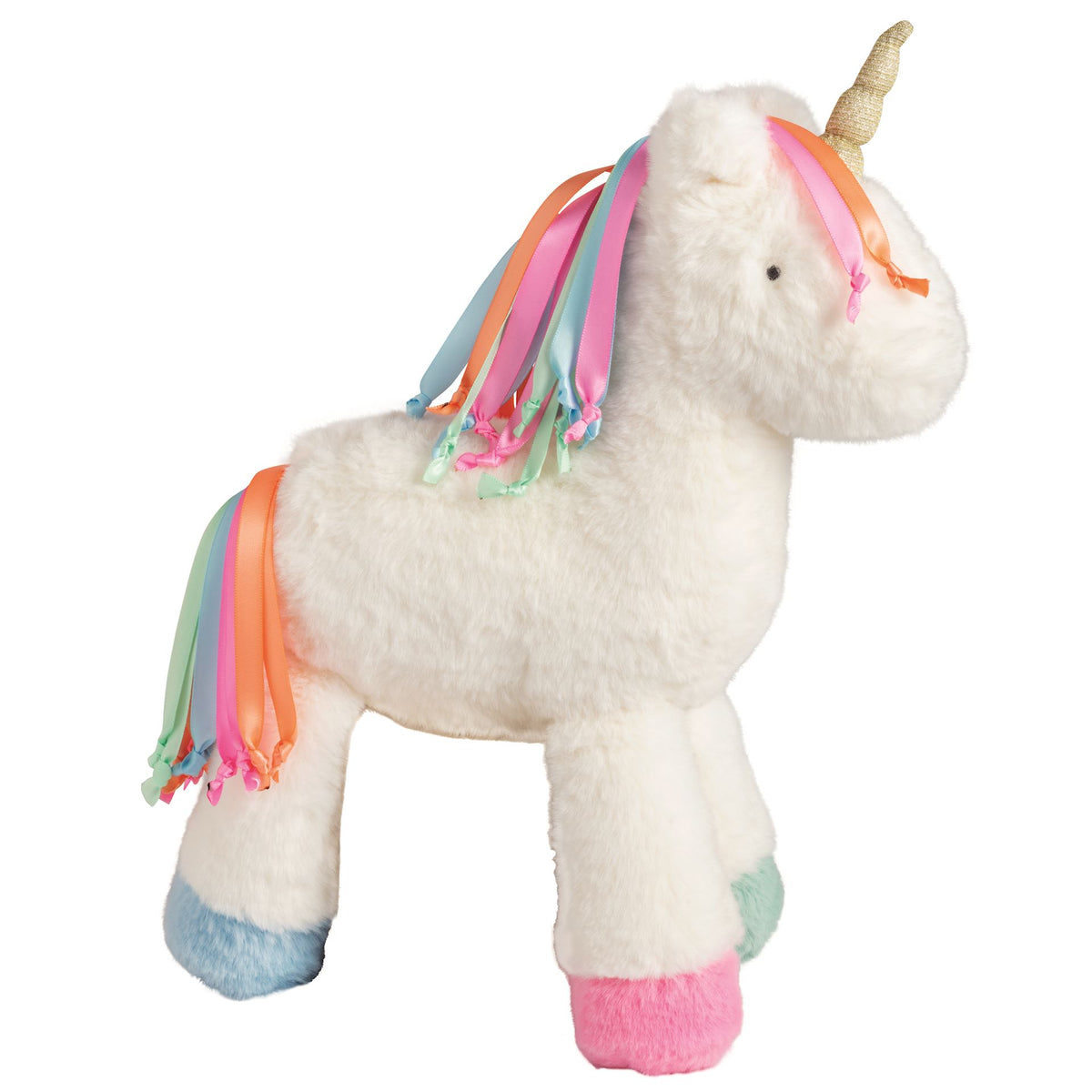 Mud Pie Aurora the Unicorn standing plush in cream with shimmer horn and rainbow ribbon mane