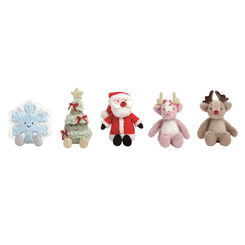 Mud Pie Mini Christmas Plush Pals in five designs - snowflake, tree, Santa, pink reindeer and brown reindeer