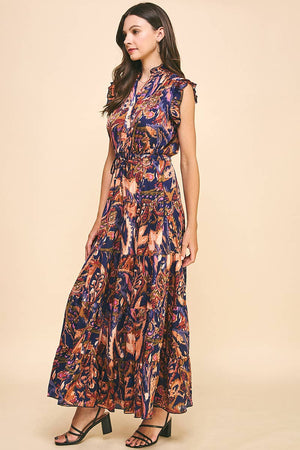 Navy Satin Print Maxi Dress