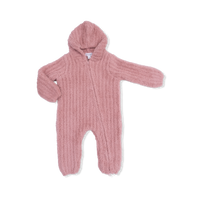 Chenille - Rose Hooded Romper with Striped Texture