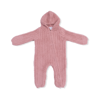 Chenille - Rose Hooded Romper with Striped Texture
