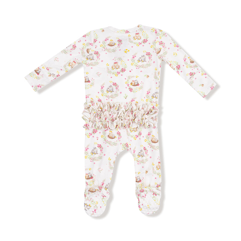 Floral Owl Families - 2 Way Ruffle Zipper Footie