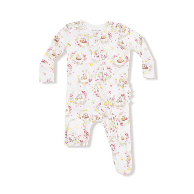 Floral Owl Families - 2 Way Ruffle Zipper Footie