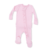 Solid Romance Rose Rib - 2 Way Ruffle Front Zipper Footie