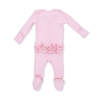Solid Romance Rose Rib - 2 Way Ruffle Front Zipper Footie