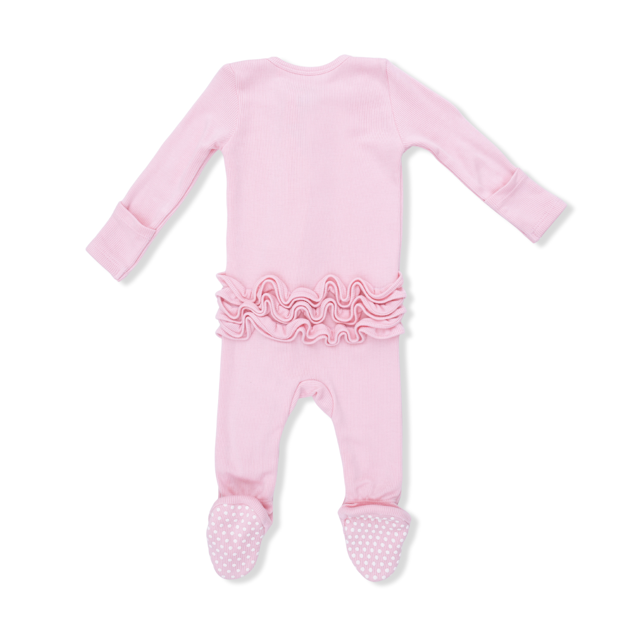 Solid Romance Rose Rib - 2 Way Ruffle Front Zipper Footie