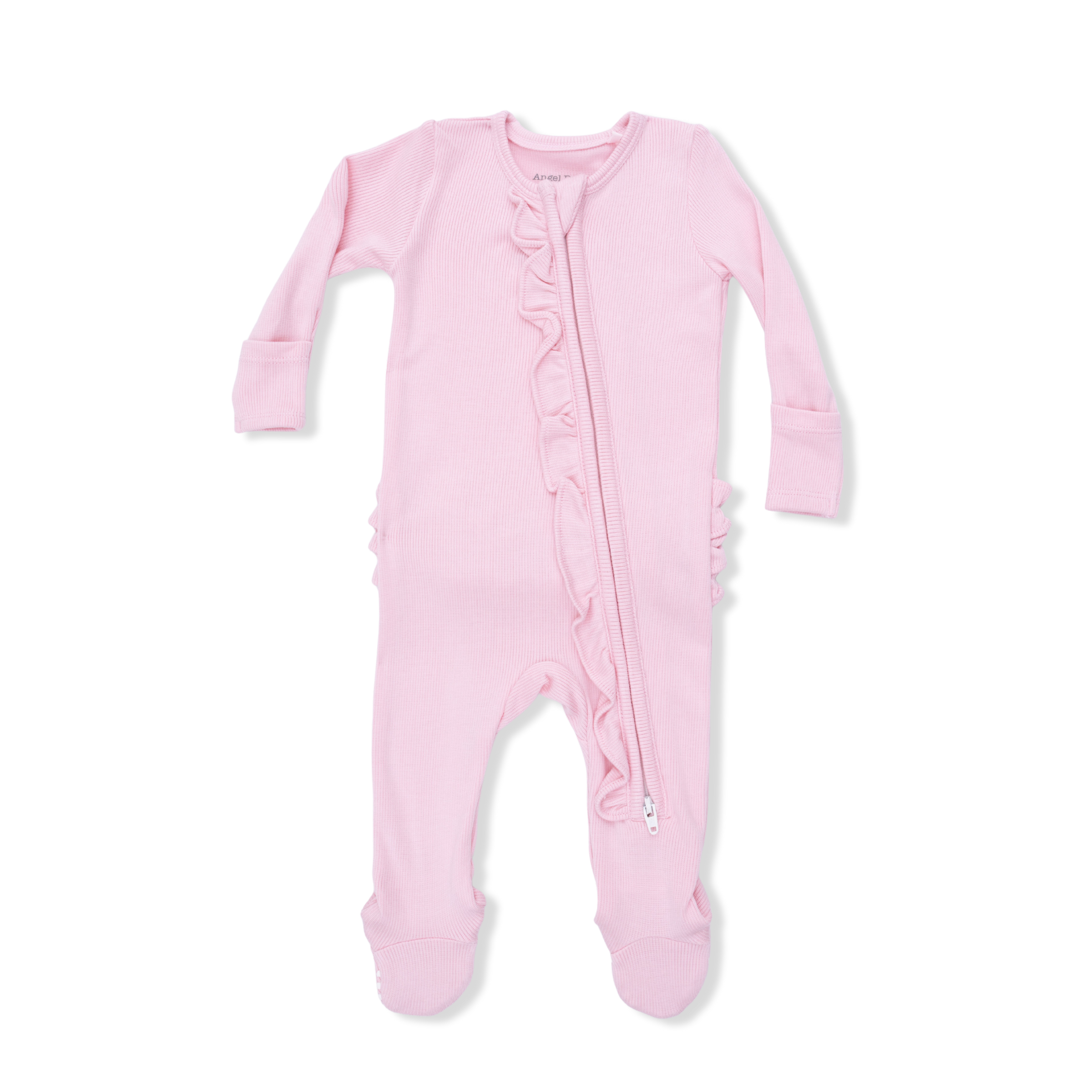 Solid Romance Rose Rib - 2 Way Ruffle Front Zipper Footie