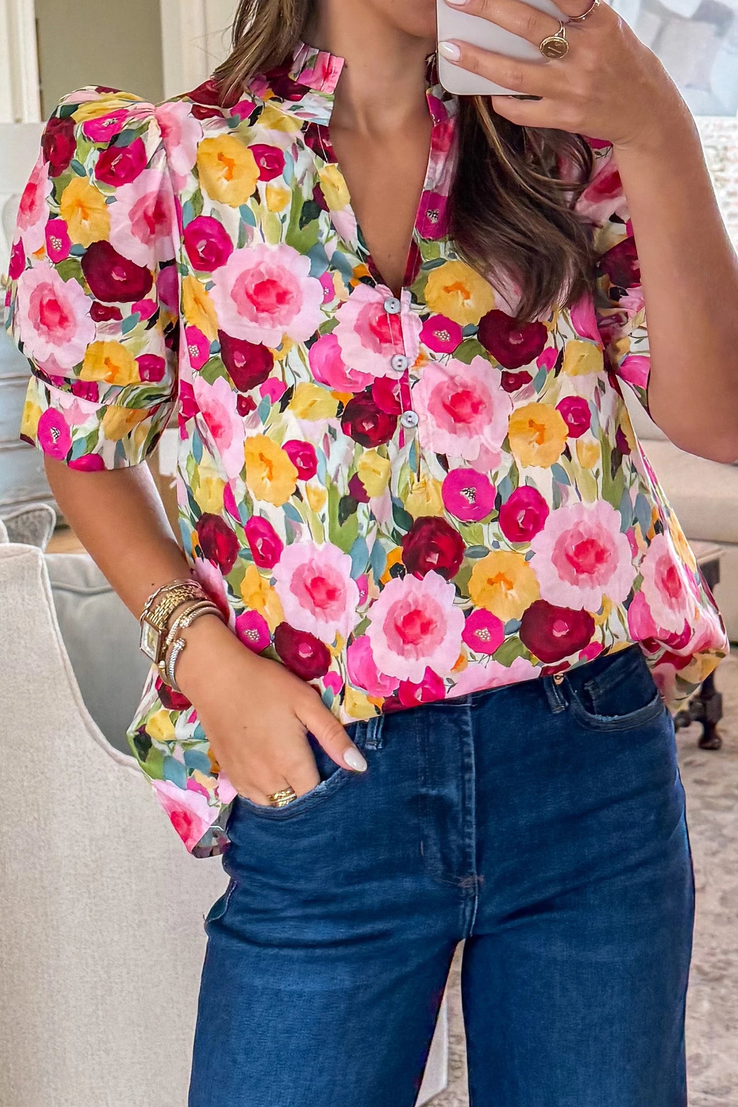 Marion- Pink Floral Frilled V Neck Puff Short Sleeve Blouse