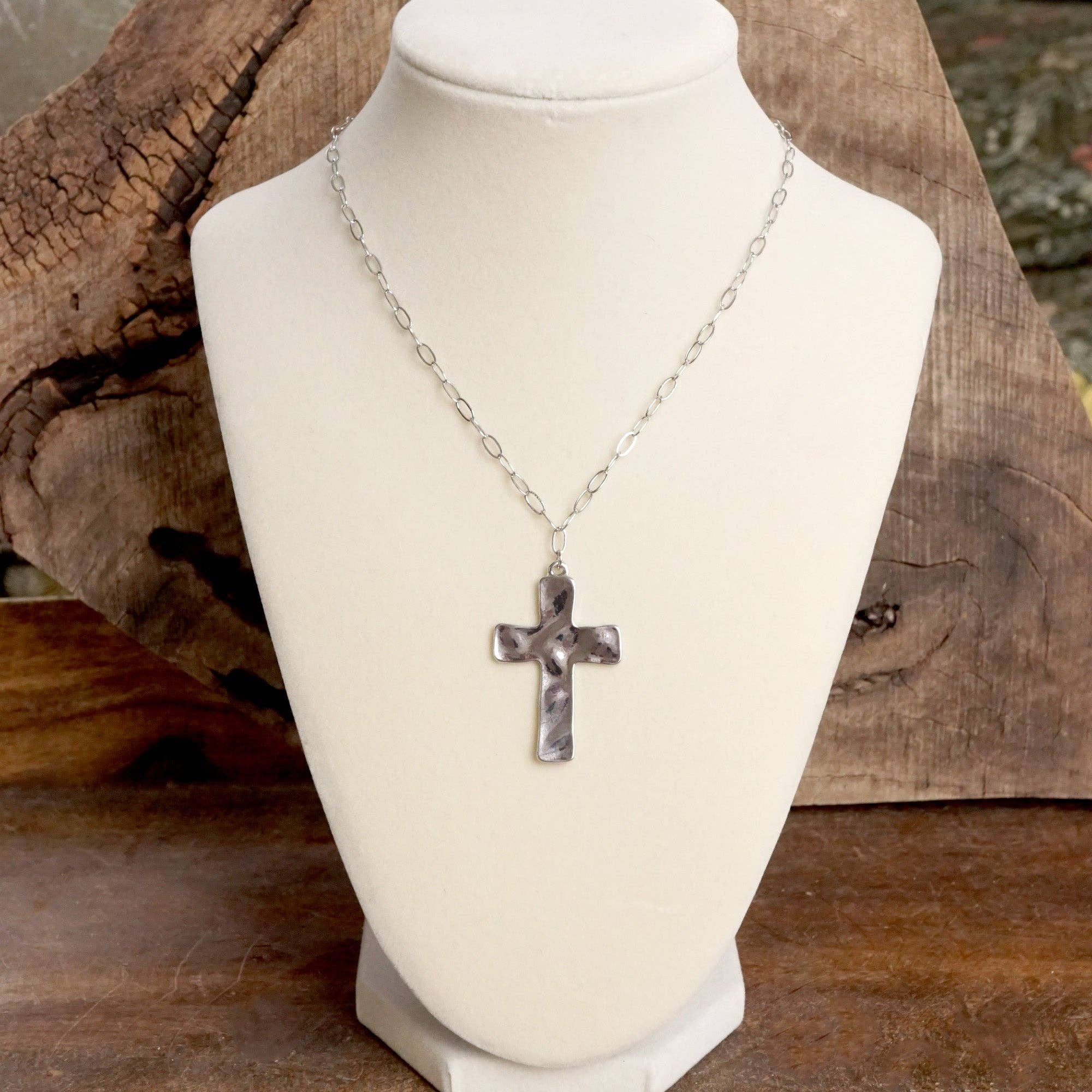 Boho Hammered Cross Necklace in Silver or Gold