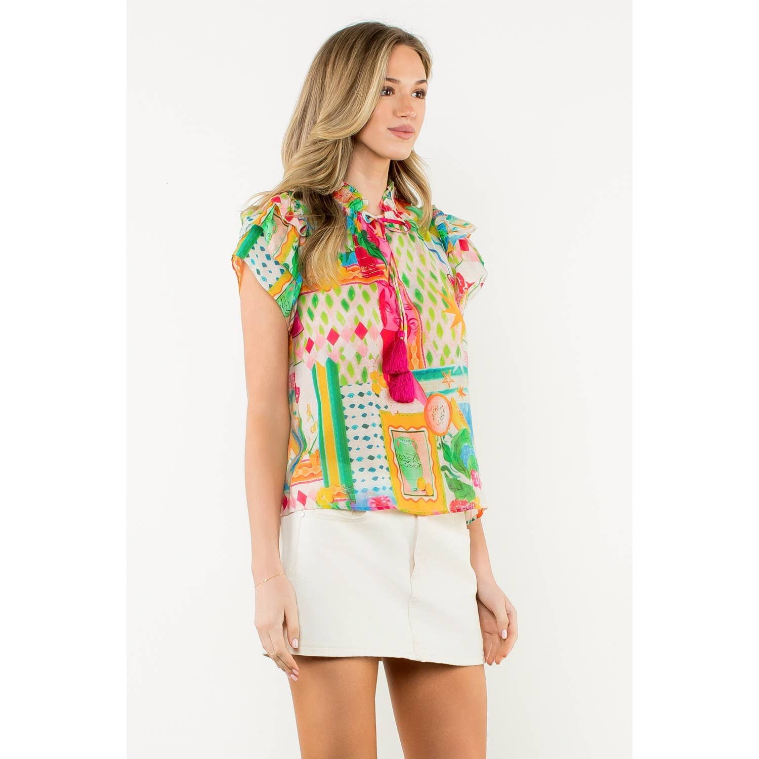 Tara - Tassel Tie Flutter Sleeve Floral Top