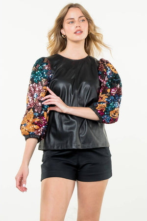 Sequin Sleeve Leather Top