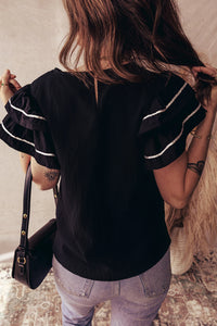 Daniela -Black Contrast Trim Dual Ruffle Short Sleeve Textured Blouse