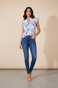 Helena - Pink Floral Tie Neck Blouse