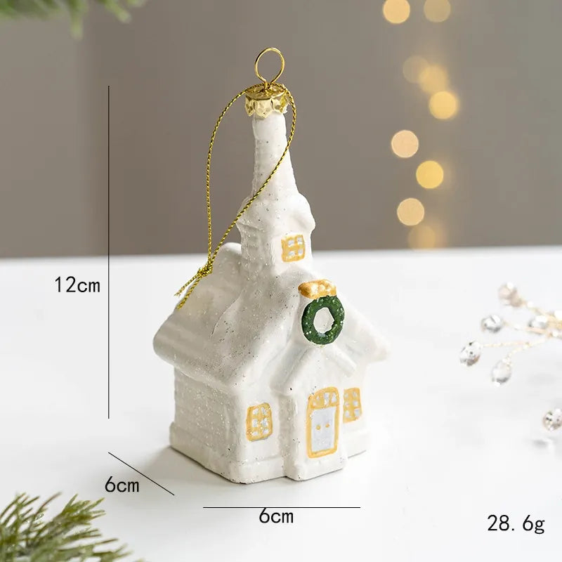 White and gold chimney house Christmas ornament with golden windows