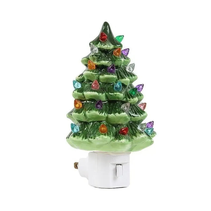 Green ceramic Christmas tree night light with colorful LED bulb beads and plug-in base