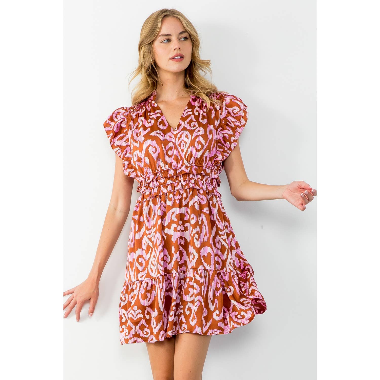 flutter sleeve tiered mini dress Umgee Scallop Flutter Sleeve Tiered Mini Dress ICE BLUE / S