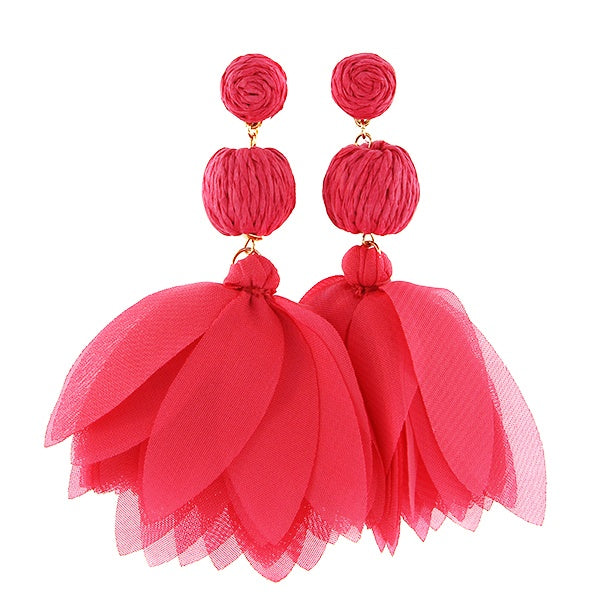 Straw Pom-Poms Floral Tassel Earrings