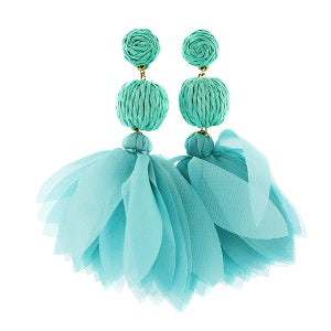 Straw Pom-Poms Floral Tassel Earrings