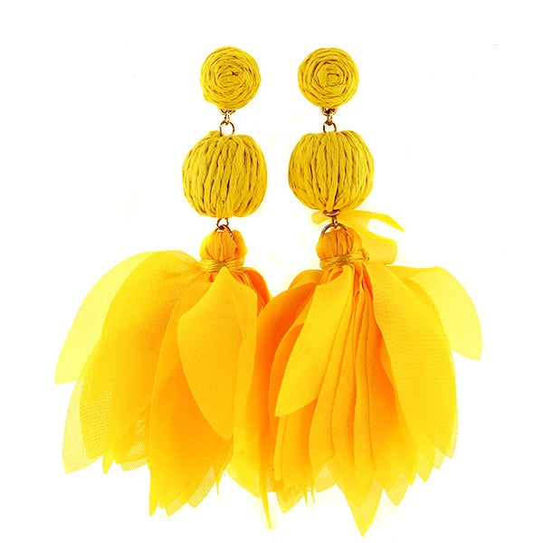 Straw Pom-Poms Floral Tassel Earrings