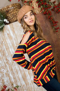 Sally - Multi Print Twist Front Cold Shoulder Knit Top