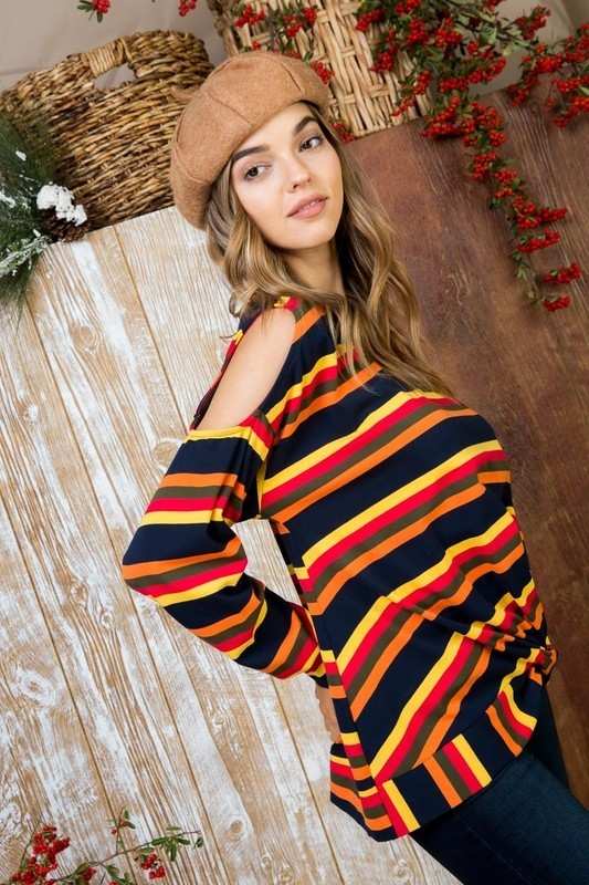 Sally - Multi Print Twist Front Cold Shoulder Knit Top