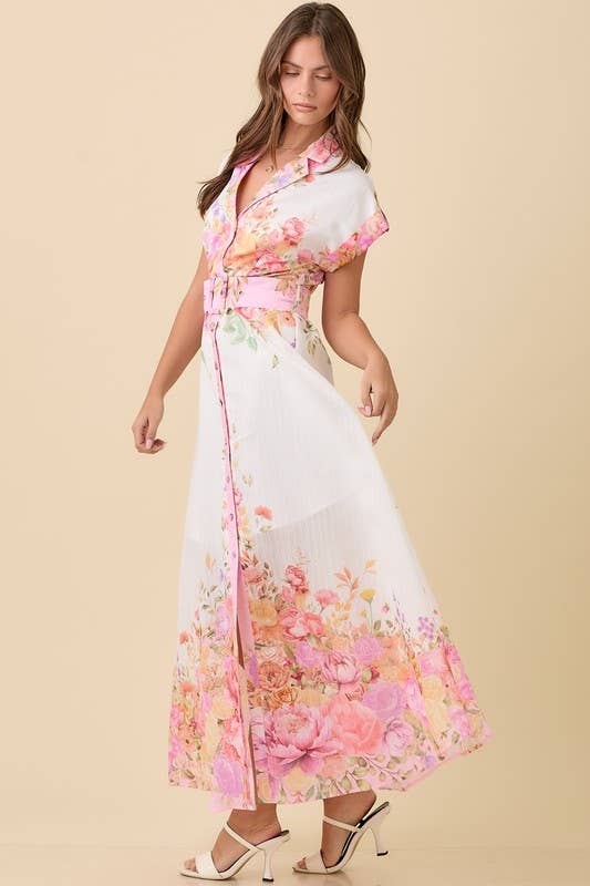 Phoebe - Floral Print Lapel Collar Button Down Maxi Dress