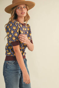 MAEBERRY - FLORAL PATTERN SHORT SLEEVE SWEATER