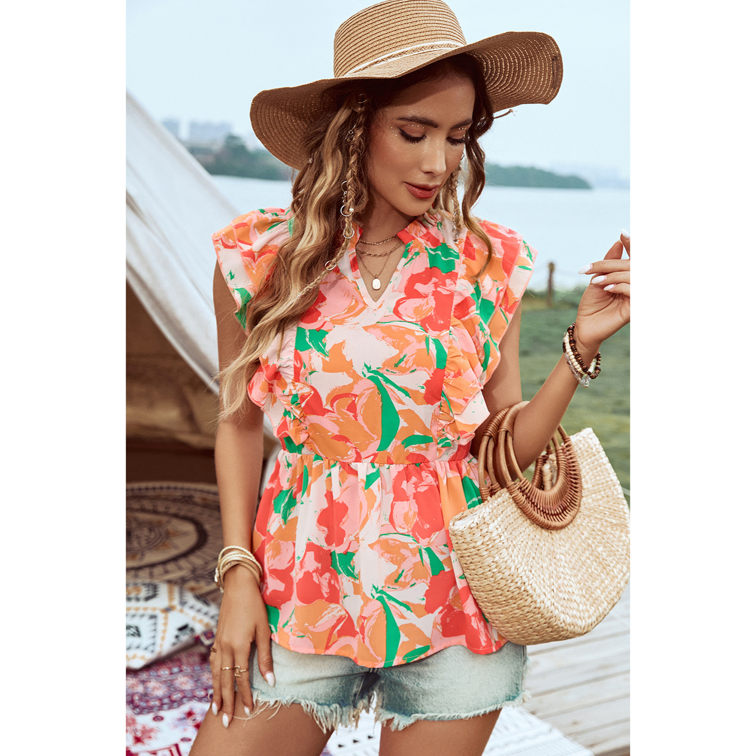 Madeline-Pink Floral Frilled Collar Split Neck Ruffled Sleeve Peplum Top