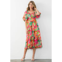 Massey - Puff Sleeve Floral Print Midi Dress