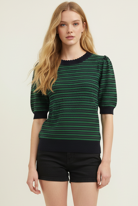 Luna - Contrast Scalloped Navy and Green Striped Knit Top