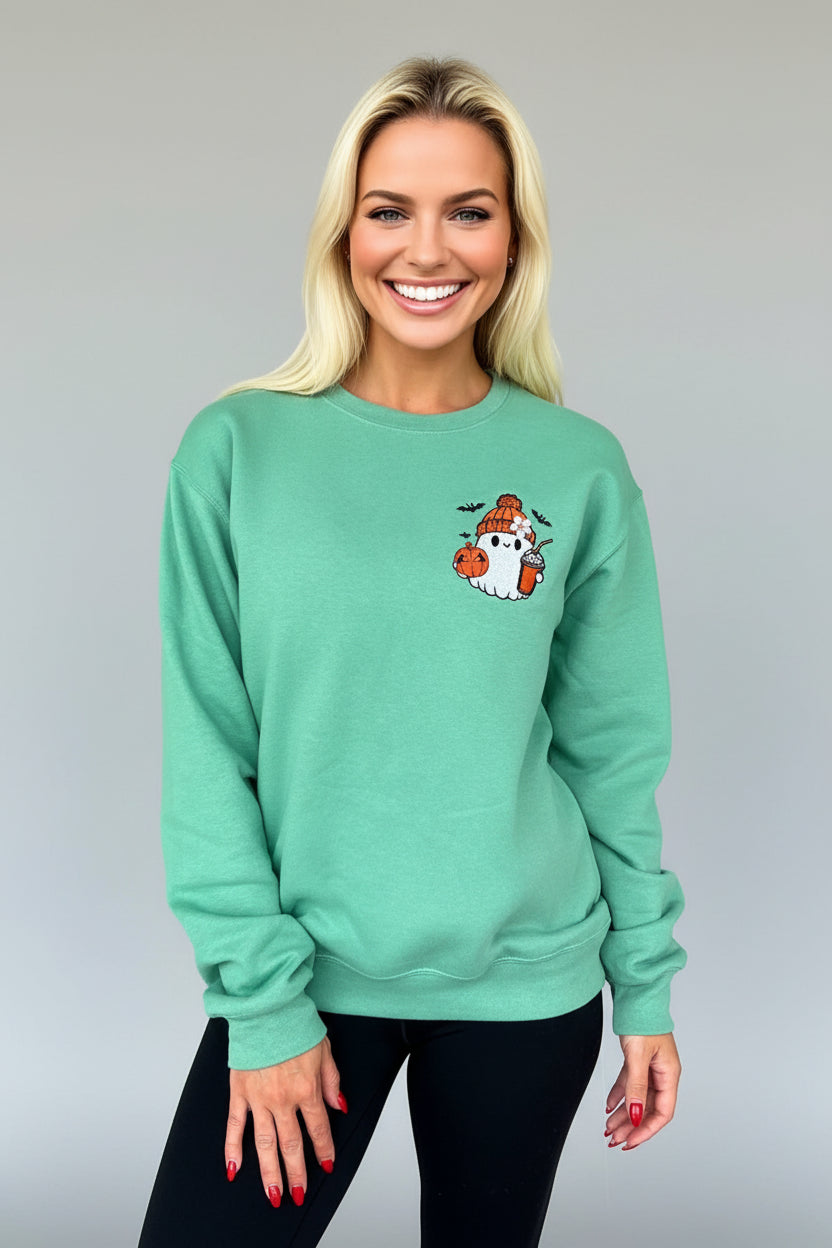 Trina - Teal Halloween Ghost Embroidered Drop Shoulder Sweatshirt