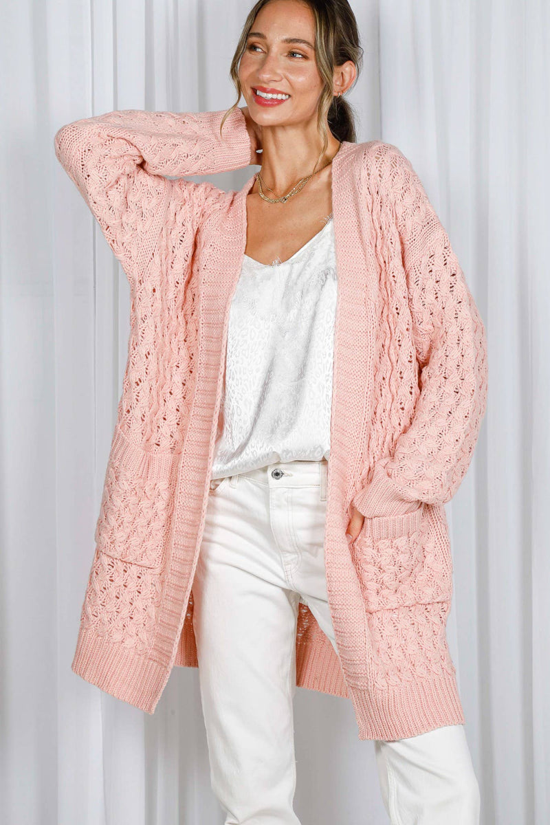 Frances-Patch Pocket Textured Crochet Knitted Cardigan