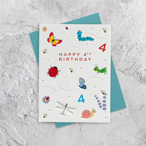 4th Birthday Bugs and Butterflies Letterpress Style Card