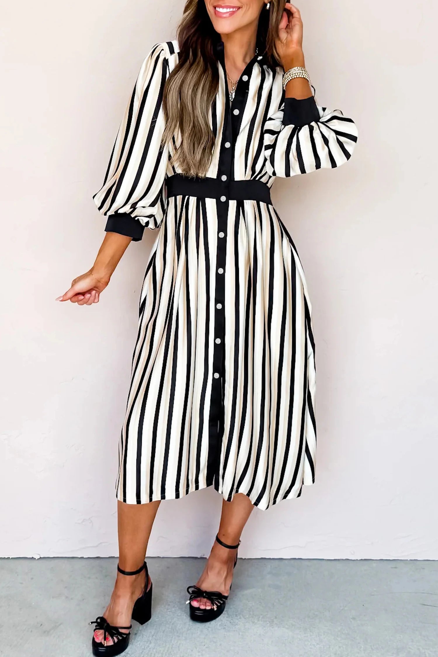 striped button down midi dress Blue Striped Belted Button Front Midi Dress - All Dresses